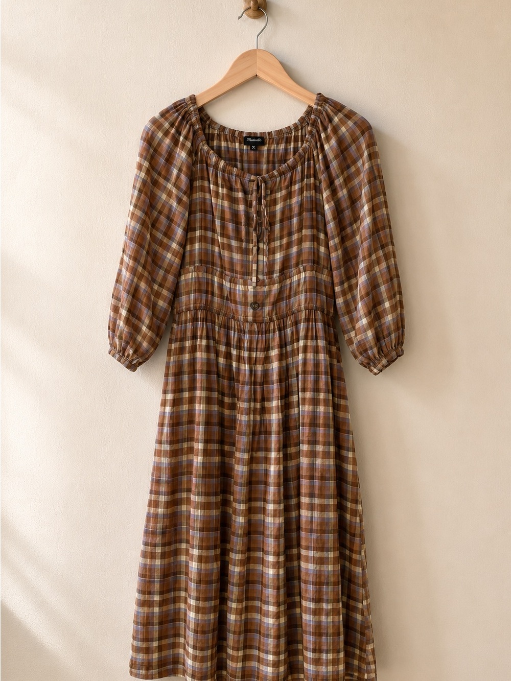 Madewell Plaid Prairie Midi Dress XXS Cottagecore Brown Puff Sleeve